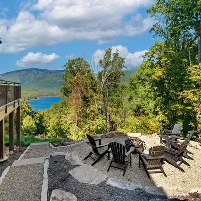 Outdoor living space with views at an Asheville area vacation rental.