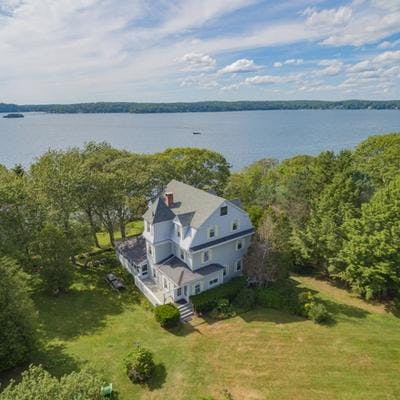 Aerial view of an oceanfront Maine vacation rental.