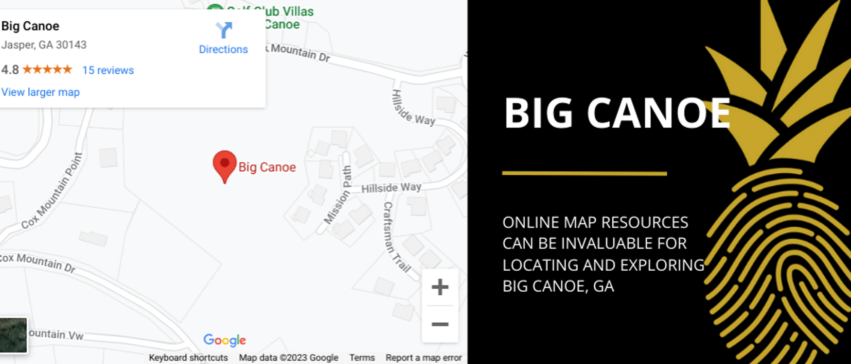 A map of Big Canoe, Georgia with zoom and search button