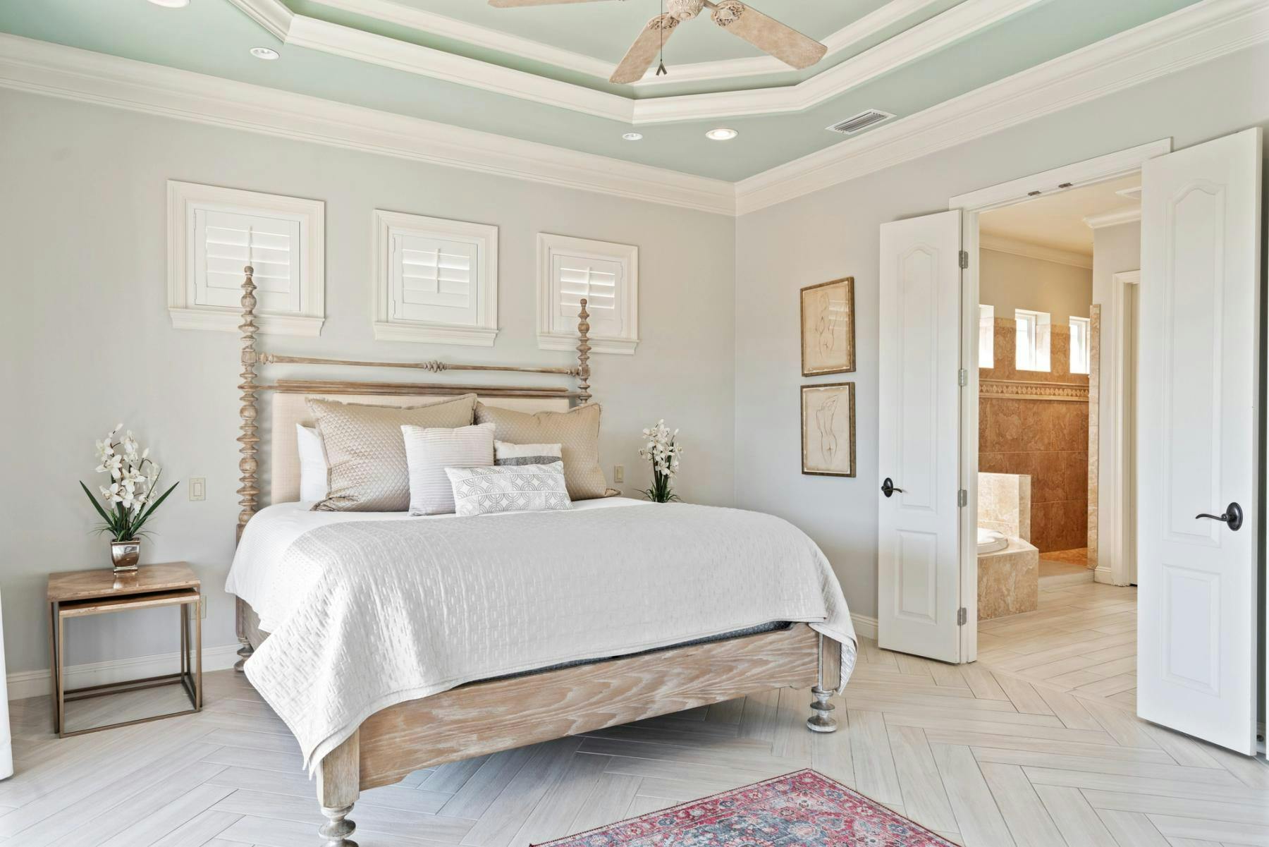 Coastal chic bedroom in a vacation rental managed by Scenic Stays.