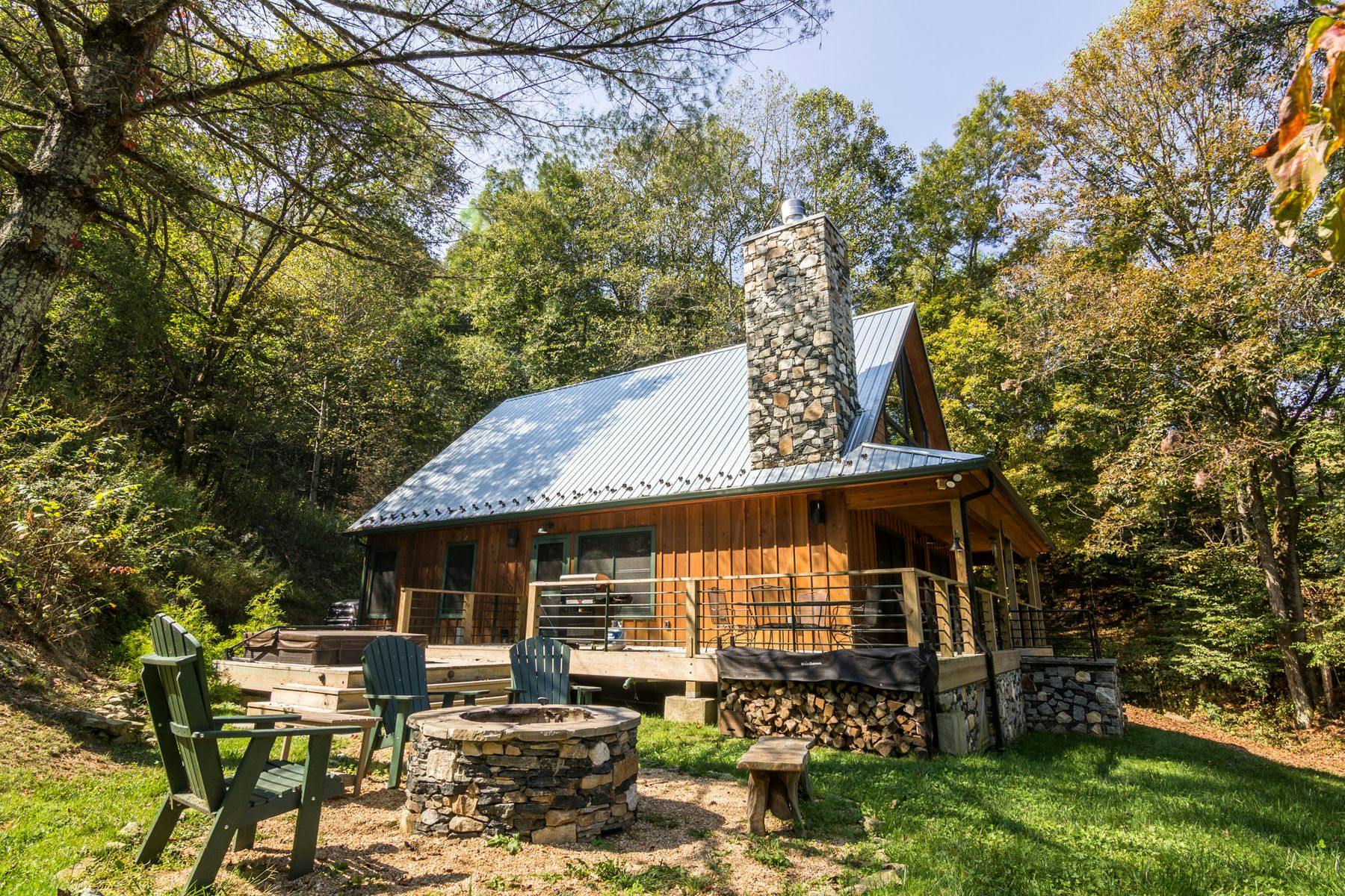 Cabin with fireplace in front