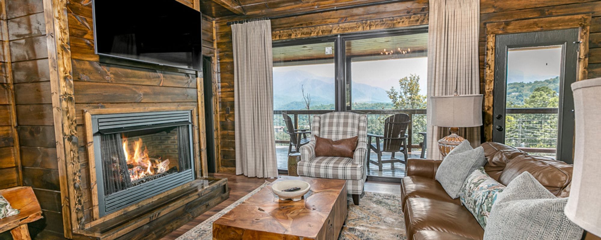 Fireplace in cabin with view