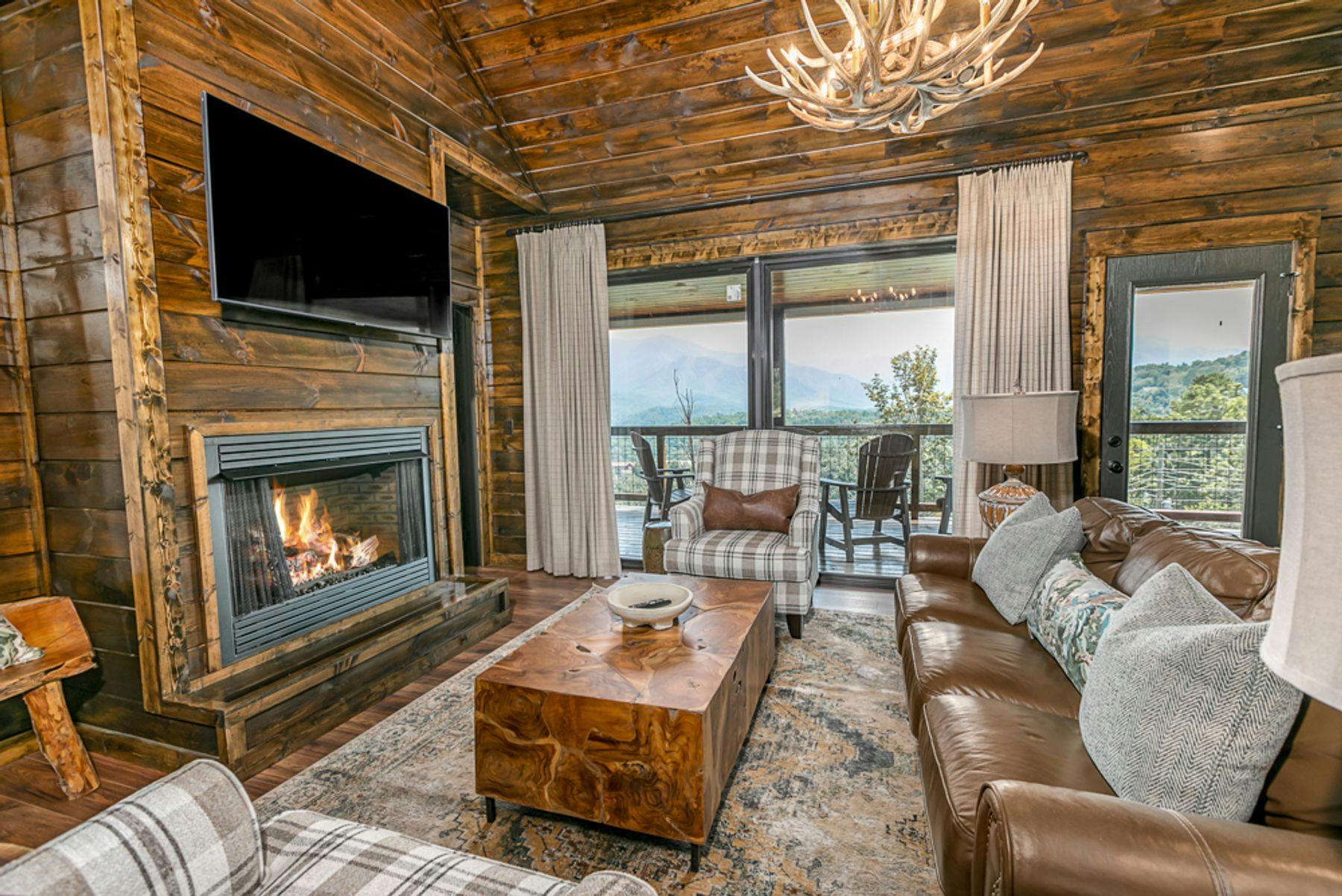 Fireplace in cabin with view