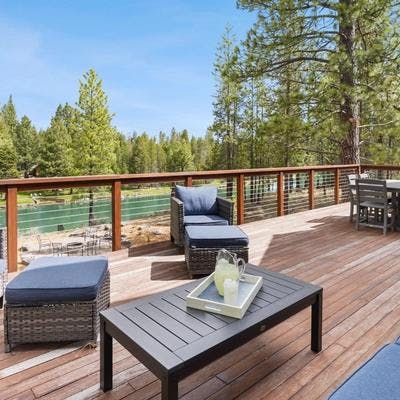 Outdoor living space at a Sunriver vacation rental.