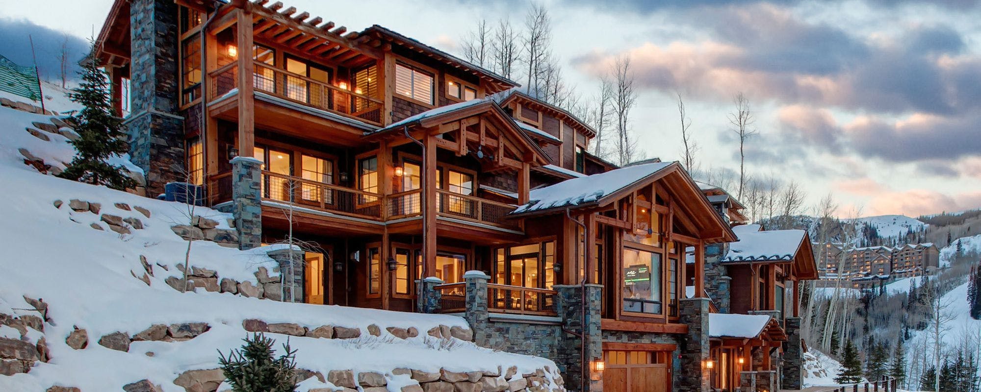 Snowy exterior of a Park City vacation rental.