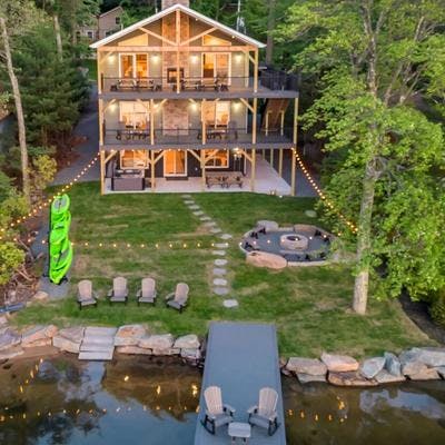 Exterior view of a lakefront vacation rental.