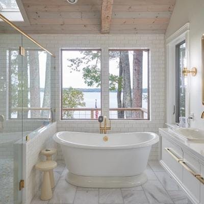 Bathroom view views in a Maine vacation rental.