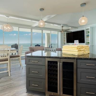 Kitchen island and view out to water