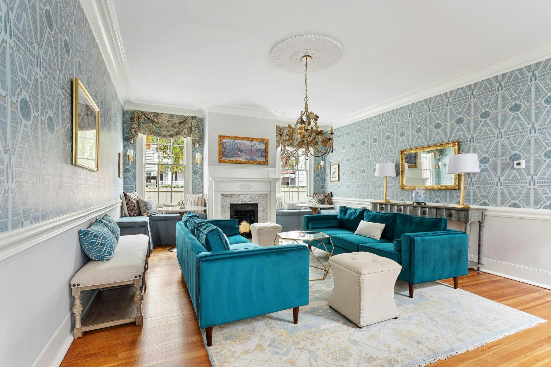 Formal Parlor in Living Room with two blue couches