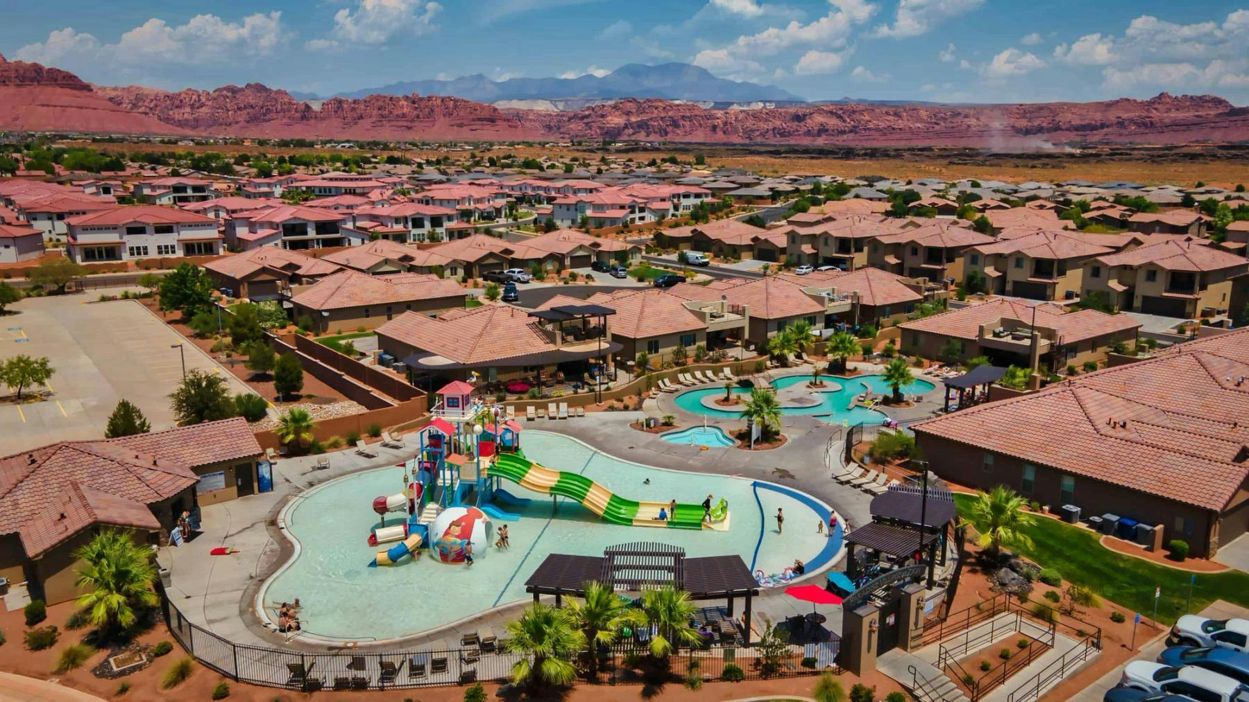 Aerial view of water slide and vacation rentals in St. George Utah